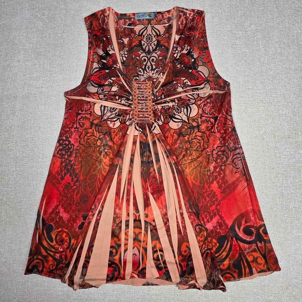 Unity‎ World Wear Womens Medium Red Orange Boho Mandala Sequin Accent Tank Top